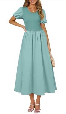 AlvaQ Women Dress Spring Summer Puff Sleeve Midi Dresses High Waist Ruffle